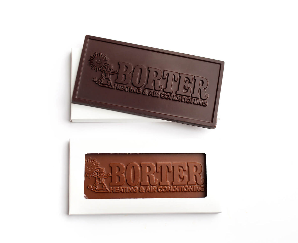 Two rectangular Borter Heating & Air Conditioning branded chocolate bars in white packaging, shown on a clean white background with one above and one below.