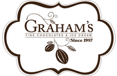 Graham's Fine Chocolates & Ice Cream logo with chocolate beans and wheat ears on a white background