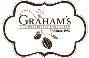 Graham's Fine Chocolates & Ice Cream logo with chocolate beans and wheat ears on a white background