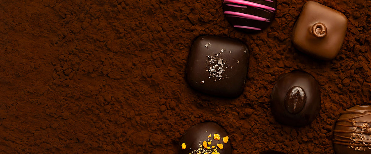 An assortment of gourmet chocolates arranged on a textured background of cocoa powder. The chocolates include dark chocolate truffles with white and gold sprinkles, a milk chocolate square with a swirl, and a dark chocolate piece with a central oval cavity.